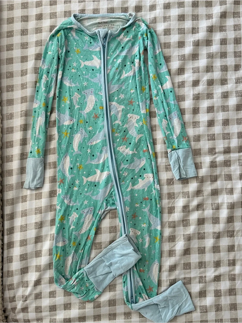 Little Sleepies Mint Green Shark Print Zip Footed Pajamas - Foldover